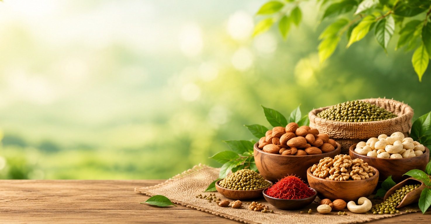 Real bowls of almonds, walnuts, cashews, moong and saffron on a wooden surface amid natural green foliage